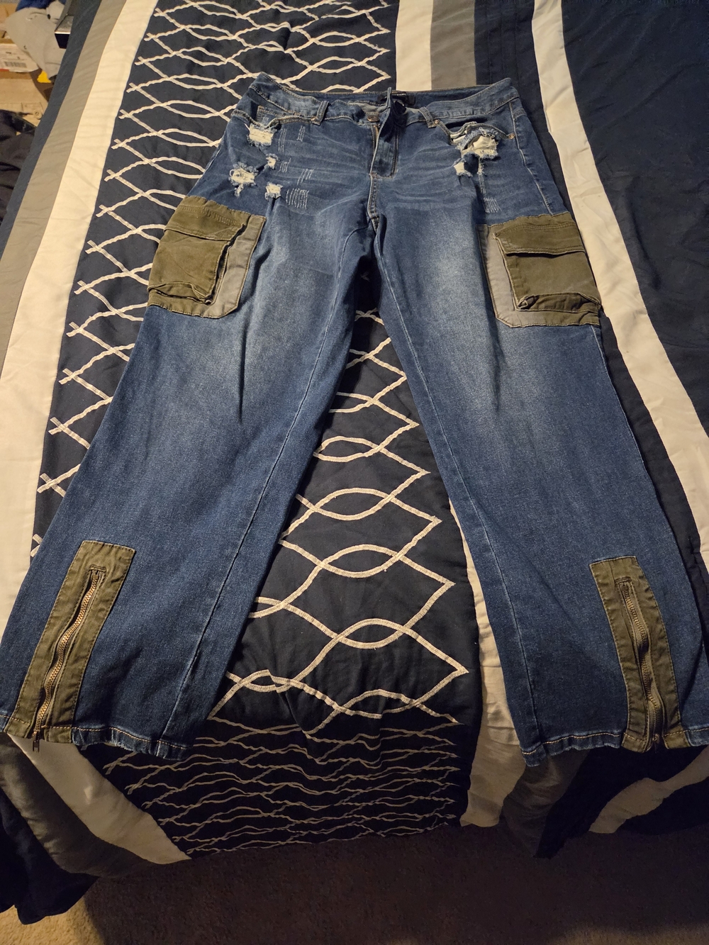 Ashley Stewart Blue Distressed Boyfriend Jeans with Olive Cargo Patches